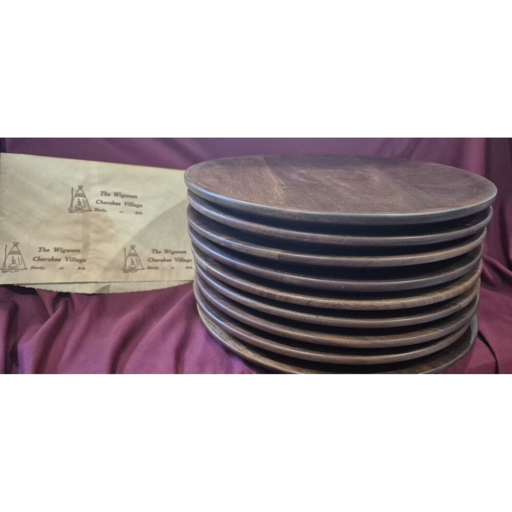 Vintage Mid Century Walnut Wood Dinner Plates Set of 9 From Cherokee Village